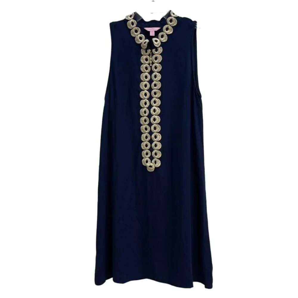 Lilly Pulitzer Navy Shift Dress Gold Embroidery Sleeveless Size 6 - Picture 1 of 6